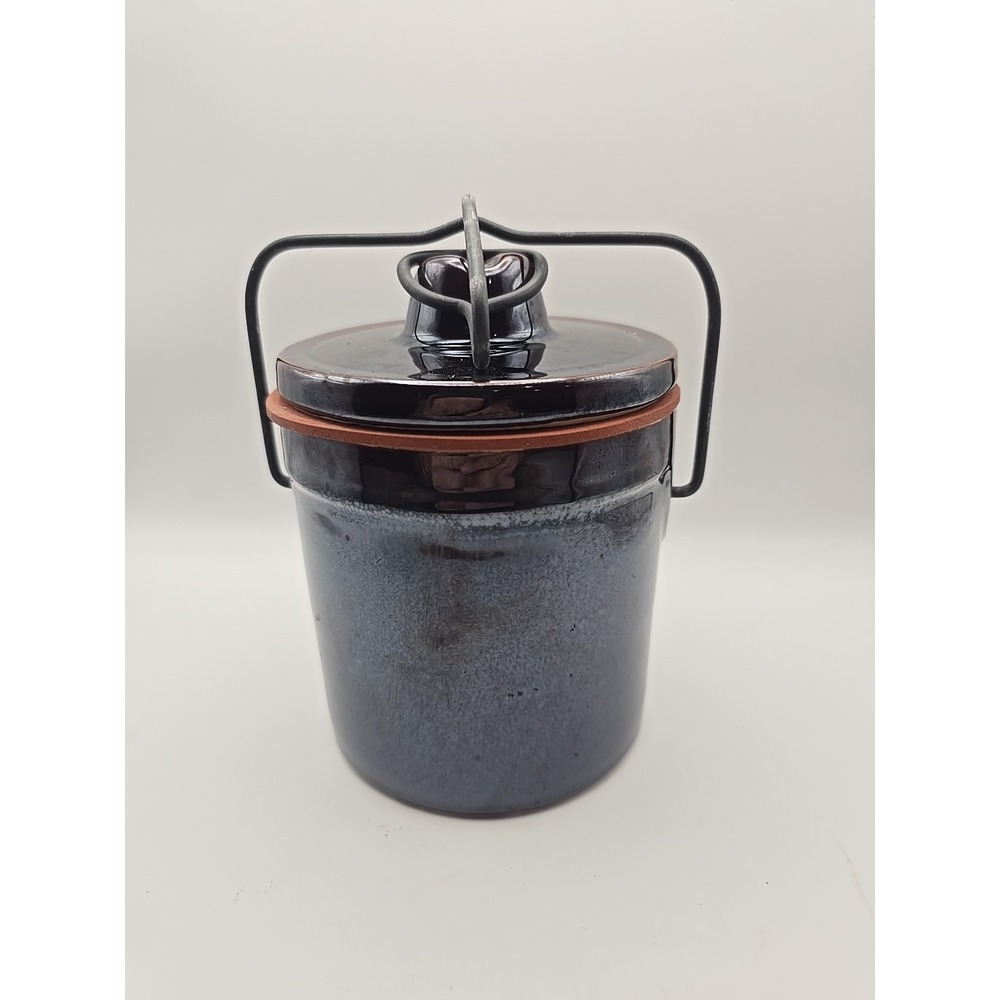 Vintage Brown Glazed Pottery Stoneware Cheese Crock with Clamp Lid Farmhouse USA